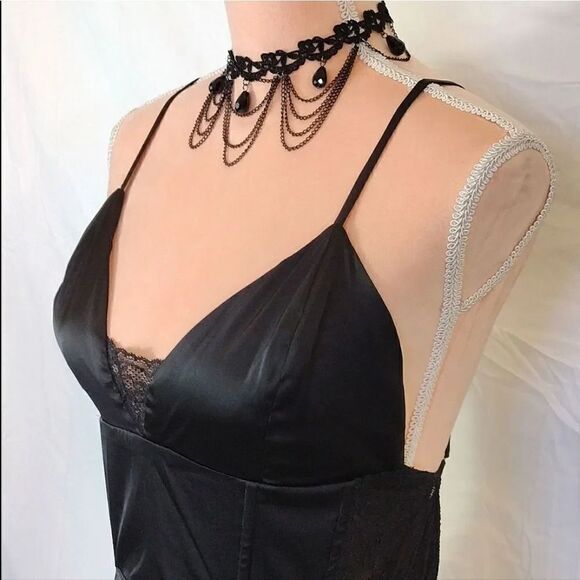 Y2K Black Satin And Lace Strappy Tank Mini Slip Dress Large *fits like Small - Picture 3 of 16